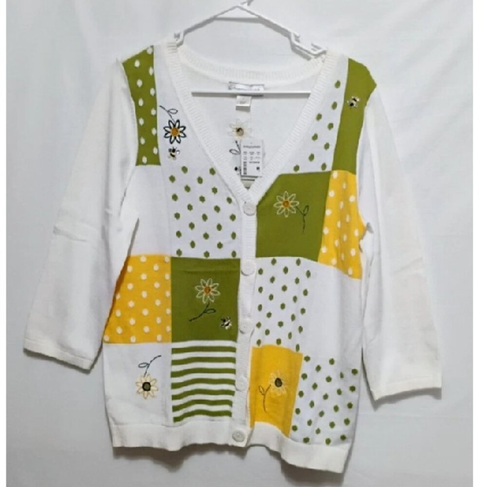 NWT Christopher & Banks Cardigan Sweater Women Size M White Green Yellow BEES
